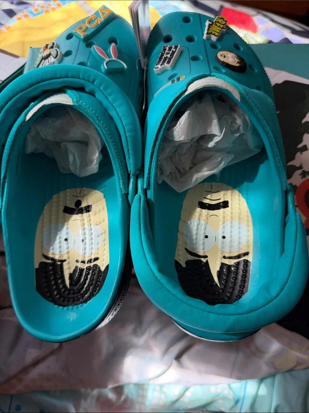 Mens Teal Slip-On Croc Shoes with Charms